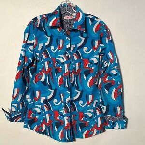 TIZZIE Artsy Mod Print Contrast French Cuff Preppy Retro Blue/Red Cotton Top S